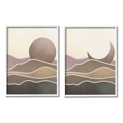 «Neutral Toned Landscape Sun Moon», ensemble de 2 impressions encadrées par Daphne Polselli