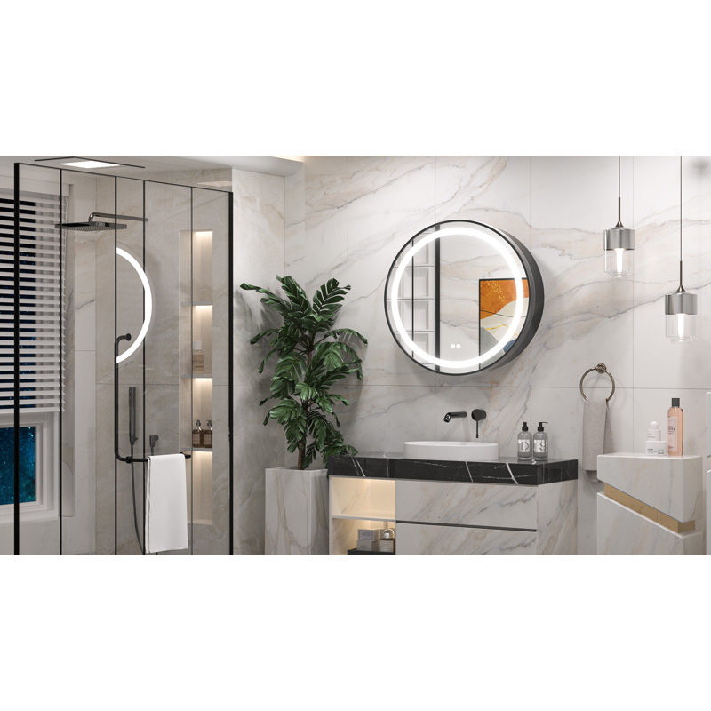 Gervon Lighted Surface Framed Round Medicine Cabinet Mirror Adjustable Shelf & AC Outlets, 24" H x 24" W x 4.7" D, Black