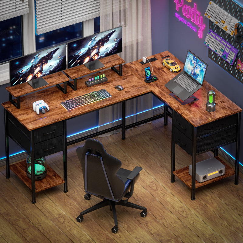 59.4” L-Shaped Computer Desk with Power Outlet, 29.1" H x 59.4" W x 39.4" D, Brown