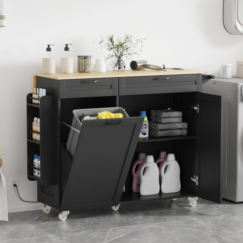 Îlot de cuisine roulant avec rangement pour poubelle, chariot d'îlot de cuisine mobile avec prise de courant et abattant, support à épices et porte-serviettes, porte-couteaux, rangement pour table d'îlot de cuisine
