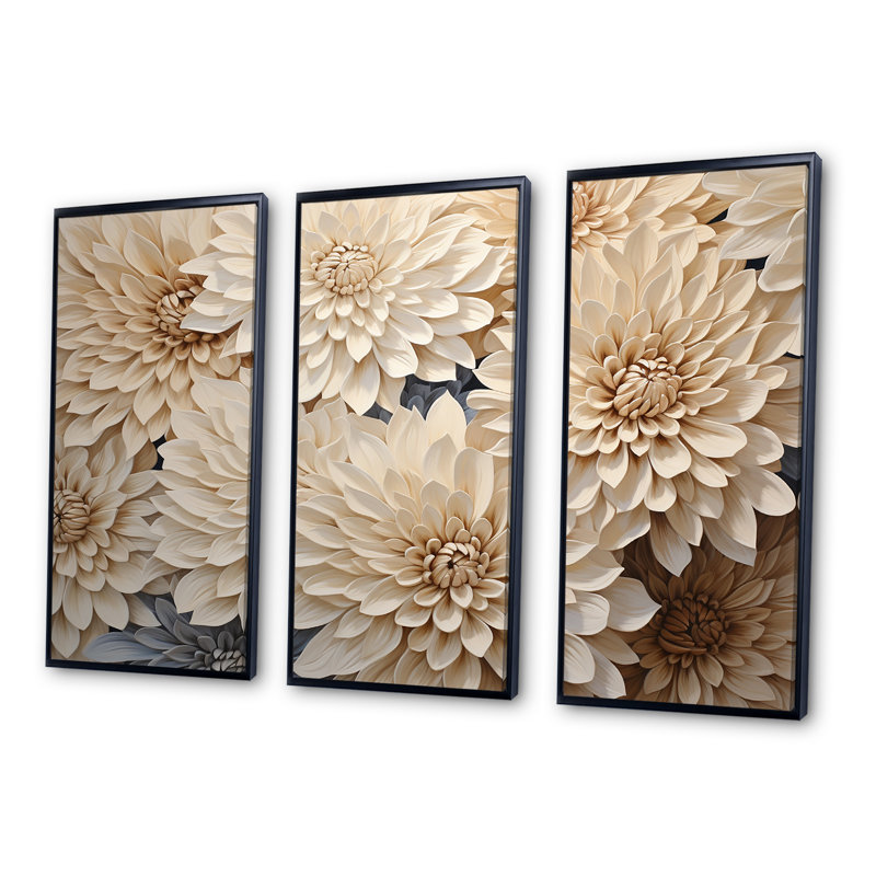 Minimalisme Blooming Mums en beige et or I - Mums Wall Art, ensemble de salon, Cadre flottant noir