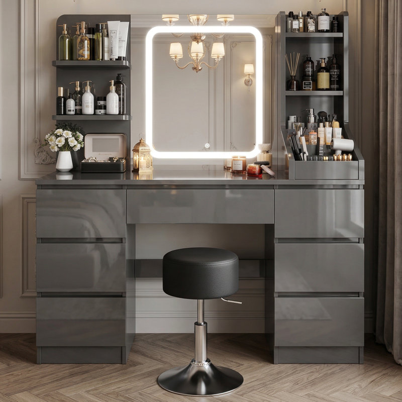 110Cm Desktop Grey Dressing Table 3 Colorful Light Makeup Vanity Table With Stool, Grey