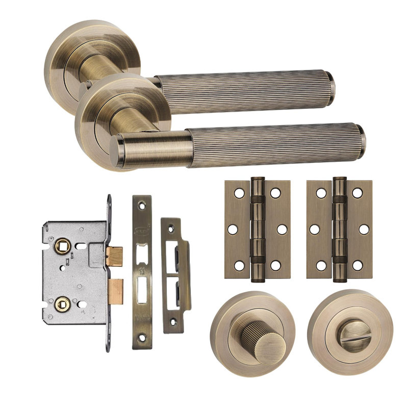  Straight T-Bar Linear Bathroom Door Handle Set Thumbturn and Mortise Lock Antique Brass