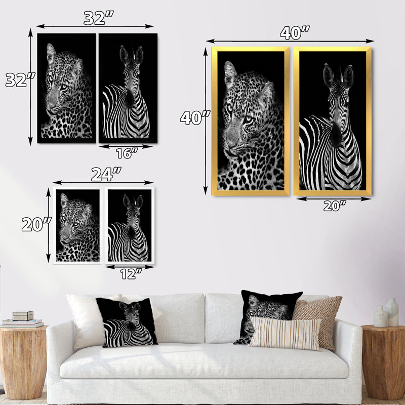 Leopard en noir et blanc II - ensemble de 2 reproductions sur toile, H 20 po x l 24 po x P 1 po, Cadre photo doré