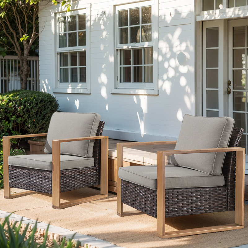 Drazen Outdoor Wicker Club Chair Set Of 2 With Thick Cushions & Unique Wood-Grain Armrests, Gray/Brown