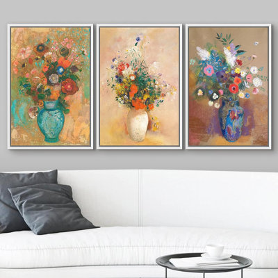Plant In Bottle " Flowers In Vases By Odilon Redon Oil Painting Fine Art Reproduction Scenic " 3 - Pieces
