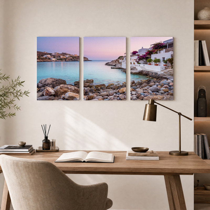 Ensemble de 3 toiles blanches sur un rivage rocheux avec fleurs roses, H 18 po x l 12 po x 3 pièces
