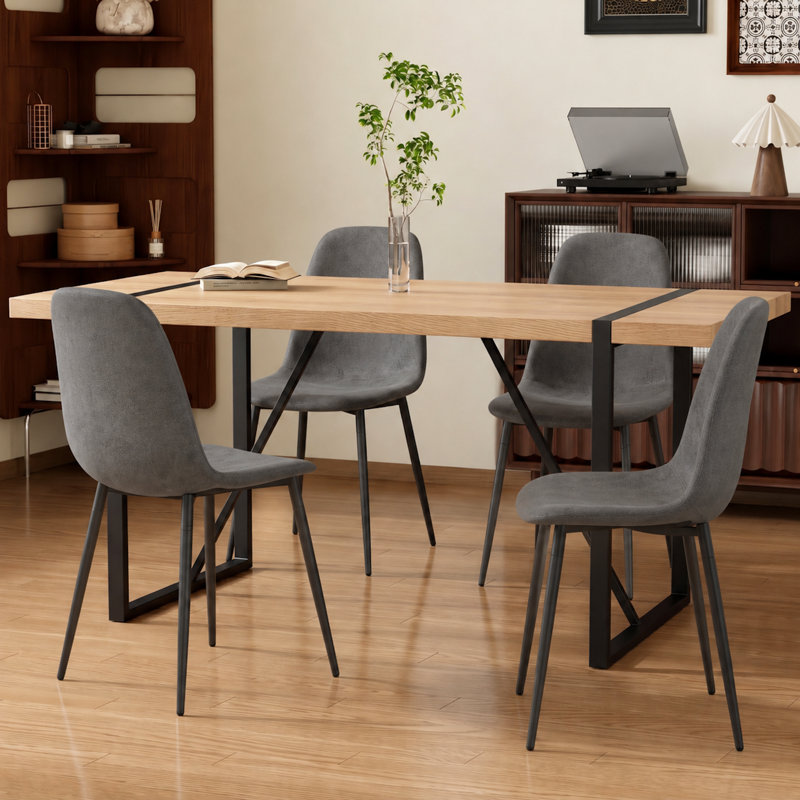 5-Piece Modern Industrial Rectangular Wood Dining Set with Upholstered Chairs, Natural Oak, Gray