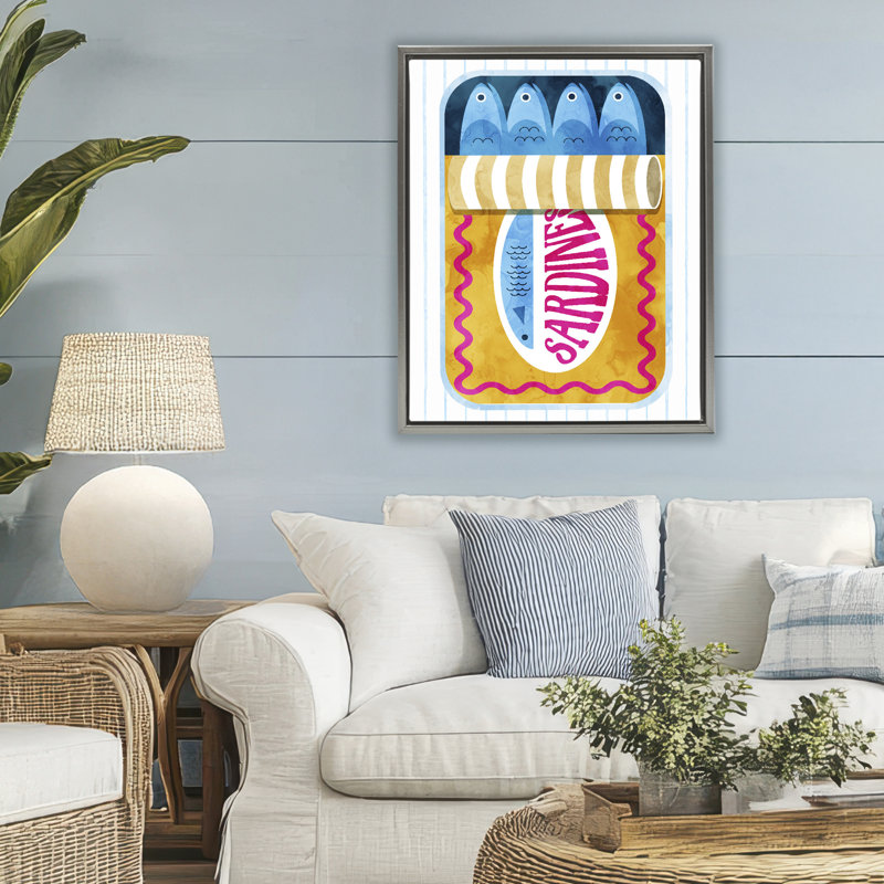 Cadre flottant audacieux en forme de sardines en conserve, design par Lil 'Rue, H 31 po x l 25 po, Cadre flottant gris lustré