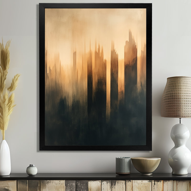Formes modernes douces orange et noir II - Tableau abstrait transitionnel encadré, H 40 po x l 30 po, Cadre photo noir