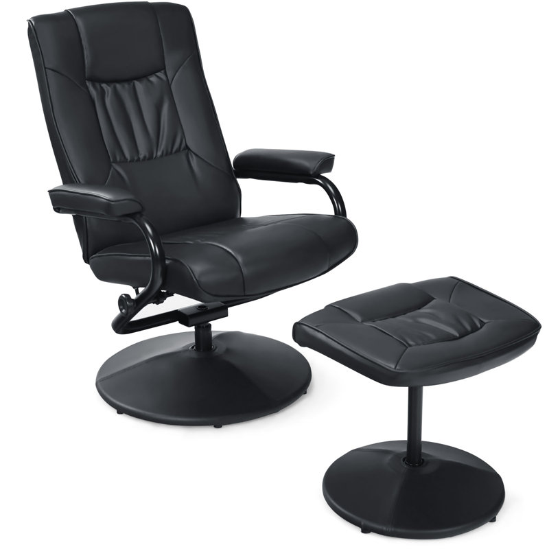 Mcabee Faux Leather Swivel Armchair with Ottoman, Black Faux Leather