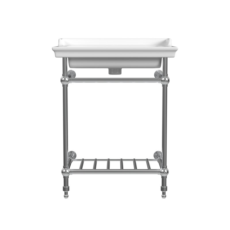 Gloss White Fireclay Rectangular Console Bathroom Sink with Overflow, Chrome, Single