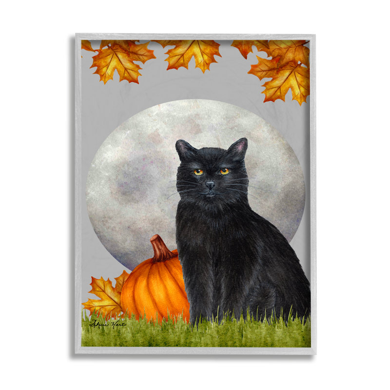 «Black Cat and Full Moon Autumn Leaves Pumpkins» par Sheri Hart - impression d'art graphique, Toile tendue