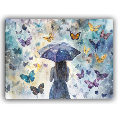 Butterfly Dreams - Girl with Umbrella and Butterflies Watercolor Wall Art