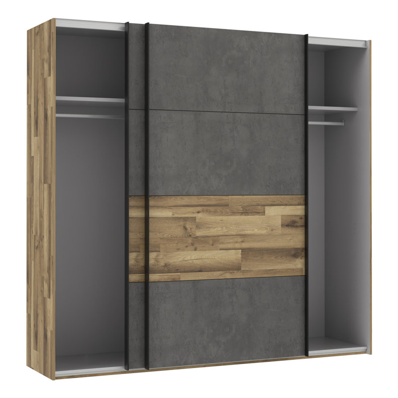 Huguley 2 Door Manufactured Wood Wardrobe, 210.5cm H x 220.1cm W x 61.2cm D, Dark Grey/Oak