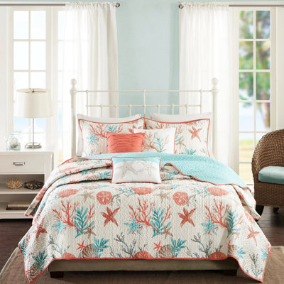 Courtepointe en coton 6 pièces avec coussins décoratifs, corail double / grand, imprimé étoiles de mer et coraux, revers en mélange doux, matelassage vermicelle, bord de mer, tissu à revers coquilles facile à nettoyer, machine à broder