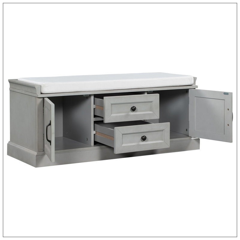 42.5" Wide Shoe Storage Bench With Cushion Storage Bench with 2 Drawers and 2 Cabinets, Gray Wash