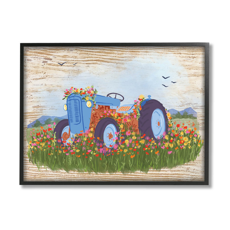 «Farmhouse Tractor Floral», estampe numérique par Be Ni La, H 24 po x l 30 po x P 1,5 po, Cadre noir