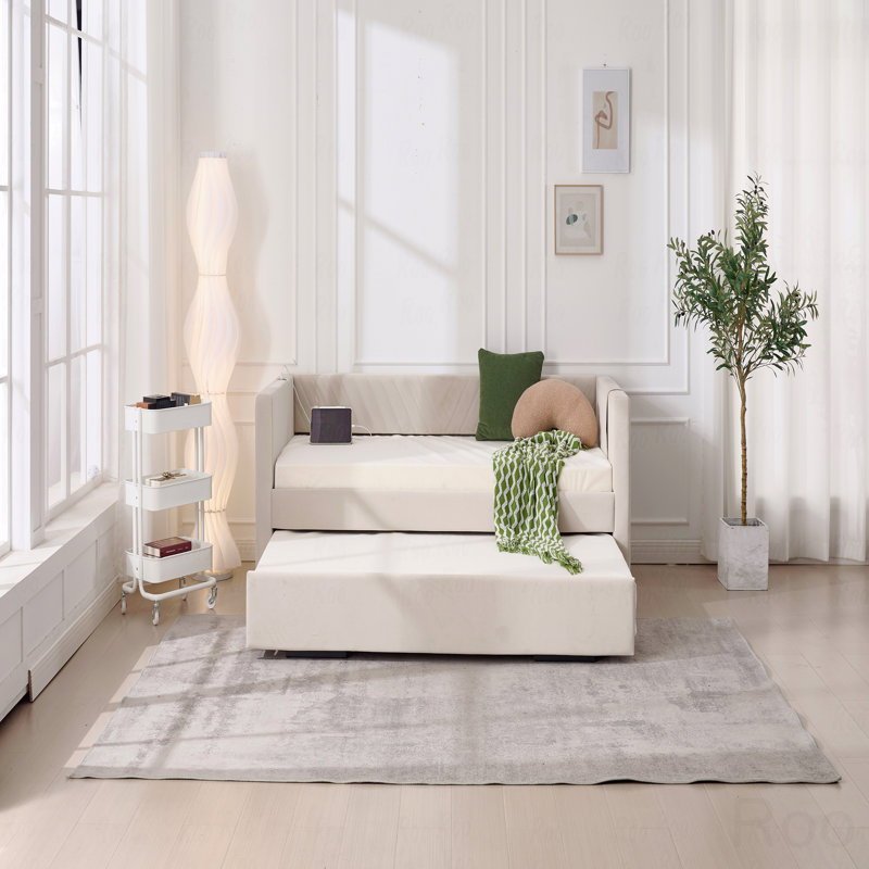 Upholstered Trundle Daybed, Twin Size,USB Port,Side Pockets, Modern V-Grained Backrest Design,No Box Spring Needed, Beige
