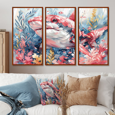Aquarelle de requin rose et gris I - Sharkwall Art Wall Art, ensemble de salon