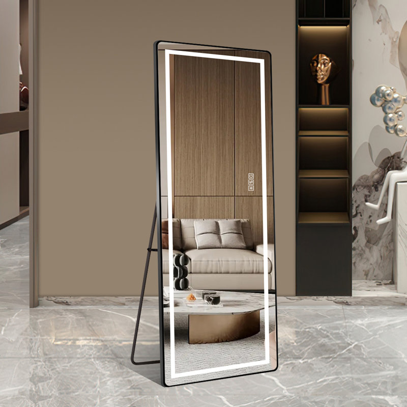 64" x 21" Full Length Mirror with LED Light – Framed Round Corner, Lighted Floor Mirror with Stand, Dimmable Wall Mirror, Selfie Mirror