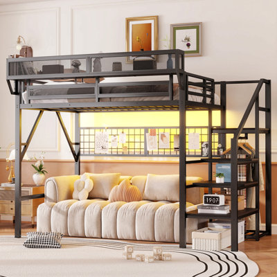 Lit mezzanine double avec escalier, lit mezzanine double en métal avec éclairage et rangement, lit mezzanine haute avec garde-robe et rangement