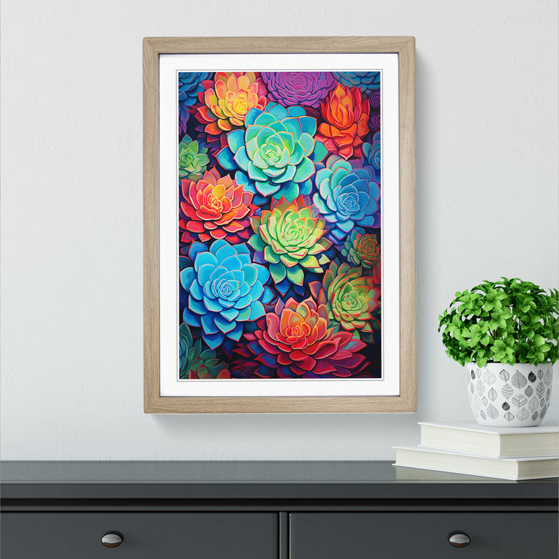 Succulent Expressionism - Single Picture Frame Print on Wood, 34cm H x 25cm W x 2cm D, Oak