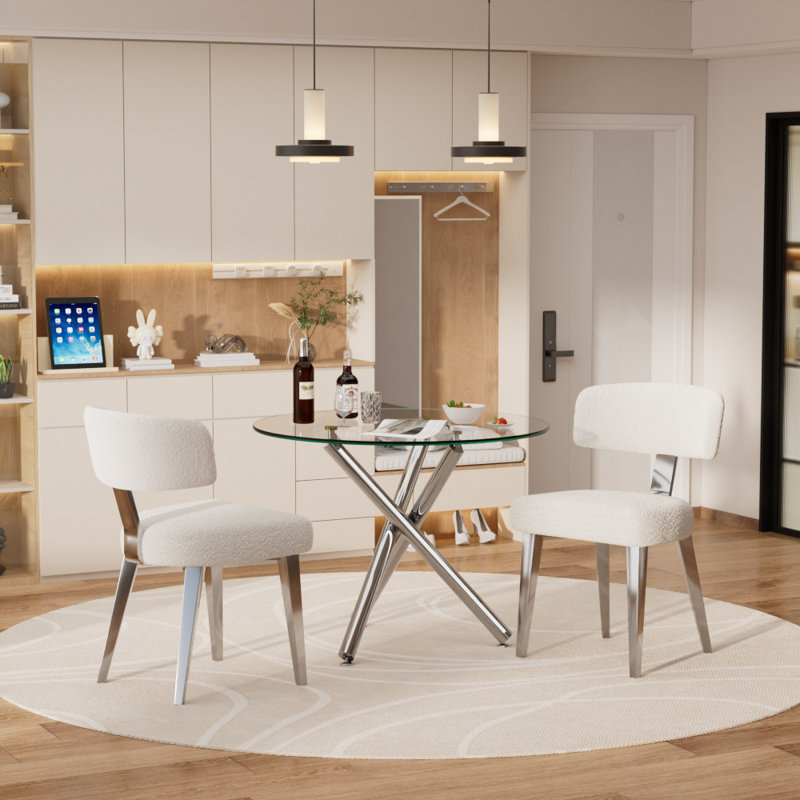 Modern Round Tempered Glass Dining Table Set With Bouclé Chairs, 3/5 Piece Contemporary Kitchen Table And Chairs, Small Space Dining Set With Metal Base, White