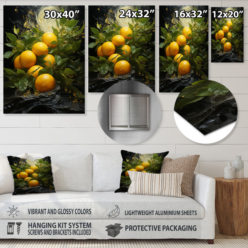 «Yellow Zesty Lemon Burst - Art mural en métal fruits», H 32 po x l 24 po x P 1 po