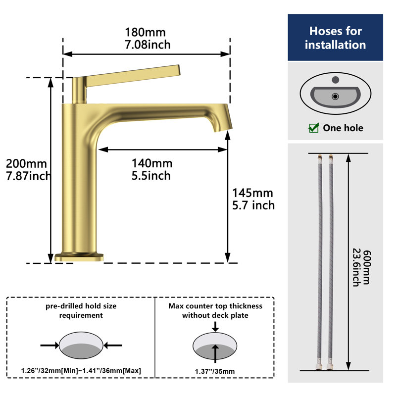 Modern Single-handle Bathroom Faucet with Drain Assembly, Brushed Gold