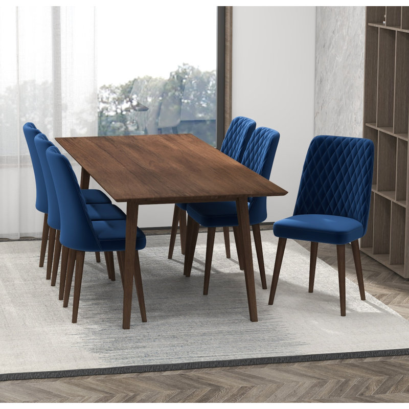 Ava 7-Piece Mid-Century Rectangular Dining Set W/ 6 Velvet Dining Chairs, Blue