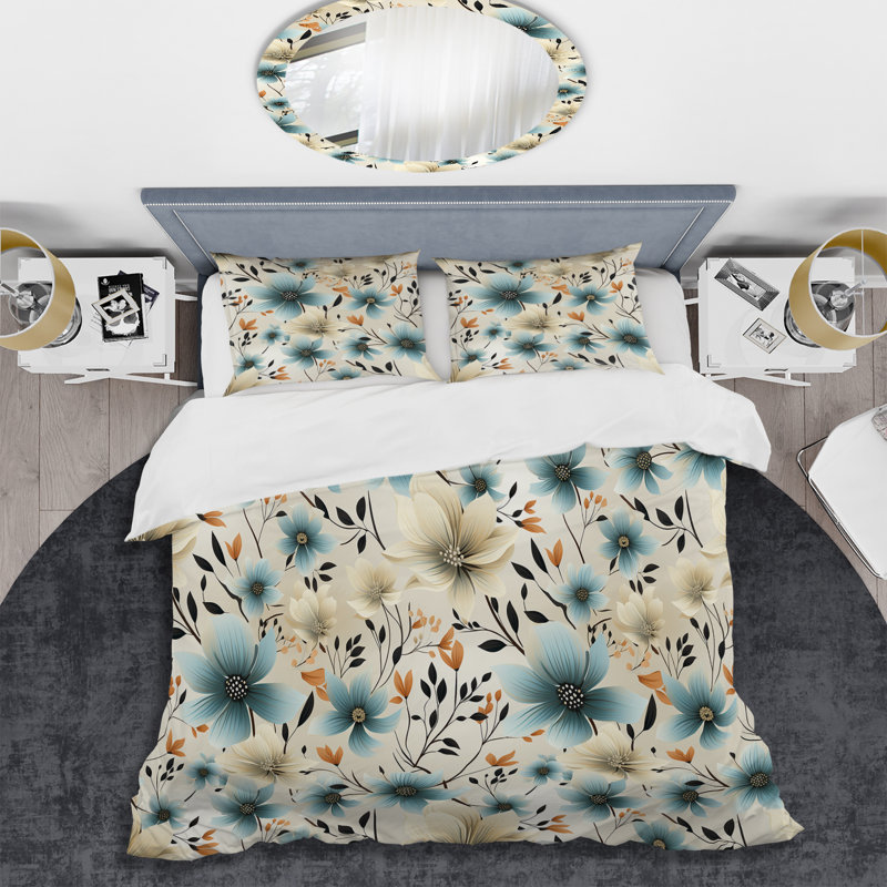 Ensemble de housse de couette à motif floral gris et bleu minimalisme, Housse de couette simple + 1 taie décorative stan