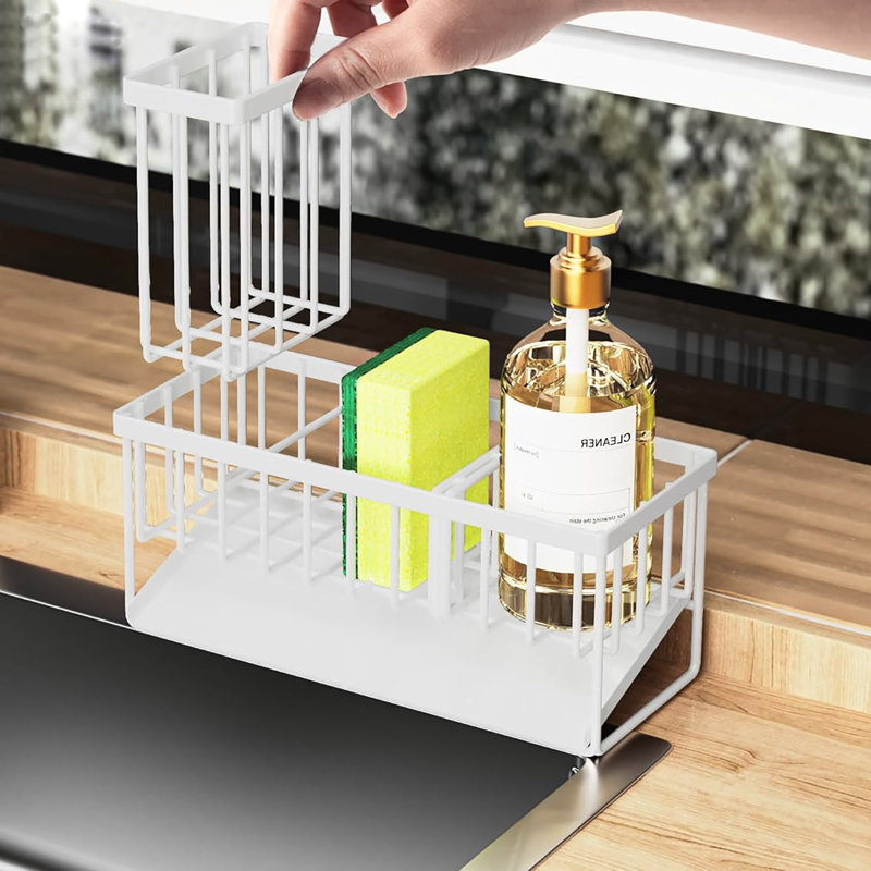 304 Rustproof Stainless Steel Kitchen Sink Caddy, High Brush Holder, Sponge Holder & Soap Dispenser Organizer, White