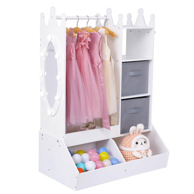 Garde-robe blanche avec éclairage et miroir, support suspendu, bacs de rangement et crochets pour salle de jeux