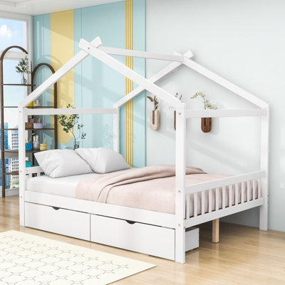 Full Size Wooden Platform Bed with Storage Drawers and House-Shaped Frame