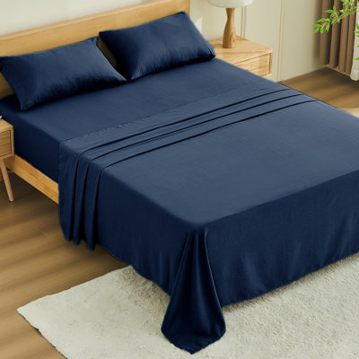 4 Piece Queen Size Sheet Set, 100% Rayon Derived from Bamboo Sheet Set, Cooling & Breathable, Luxury Silky Soft, Deep Pocket up to 16", Dark Blue