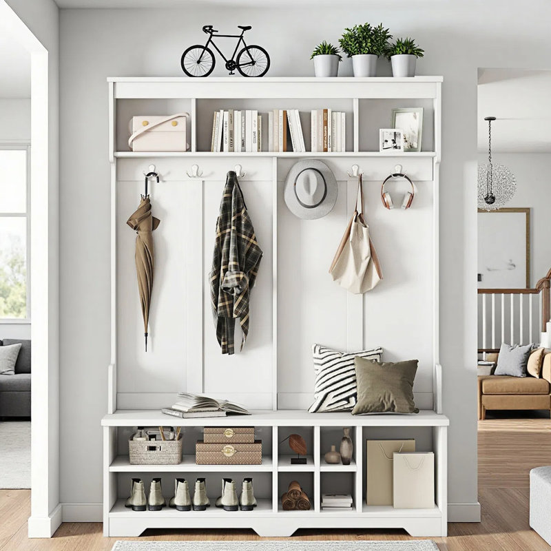 Hall Tree With Bench And Shoe Storage, 4-In-1 Mudroom Storage Organizer With Coat Rack, 6 Hooks, Open Storage Shelf, White