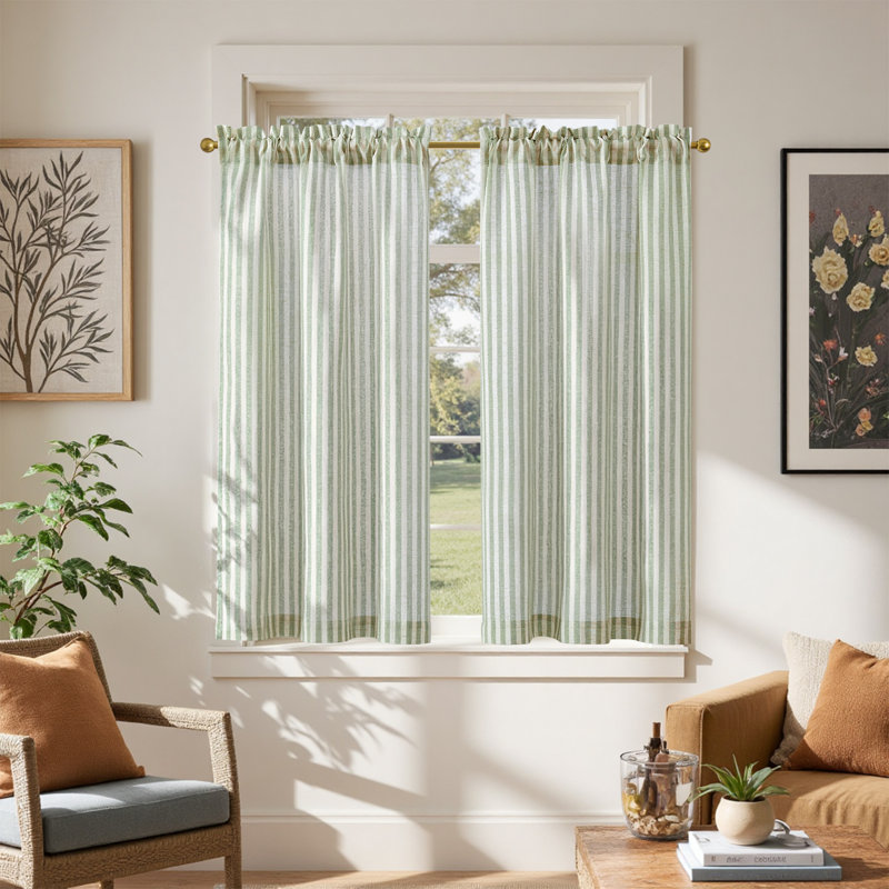 Linen Rod Pocket  Light Filtering Striped Kitchen Cafe Curtains Curtains, Green/Beige, 26" W x 45" L
