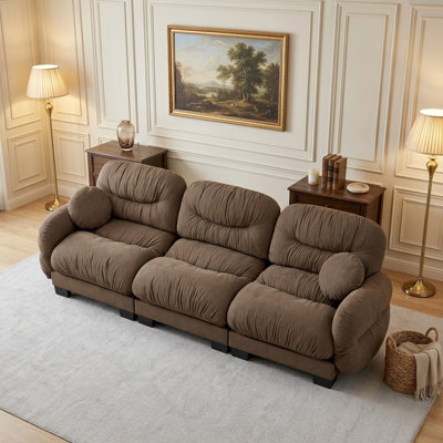 116" Cozy Pleated 3 Seater Modular Sofa with 2 Round Throw Pillows and Brown Chenille Fabric