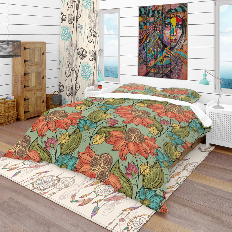 Ensemble de housse de couette bohème et éclectique, Housse simple + 1 taie décorative