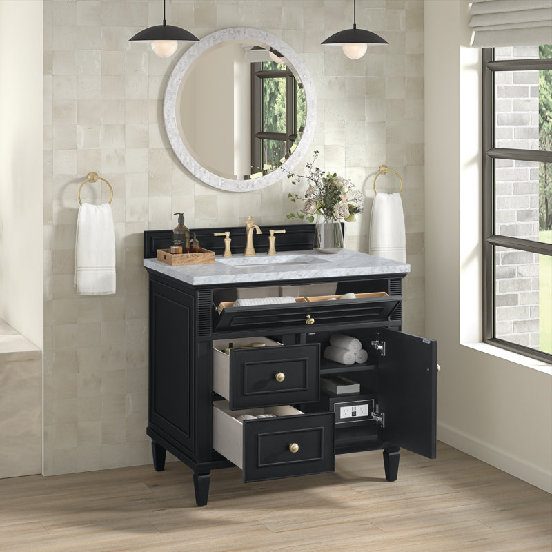 Lorelai 36'' Single Bathroom Vanity with Top, Carrara White, Black Onyx, 8" Widespread