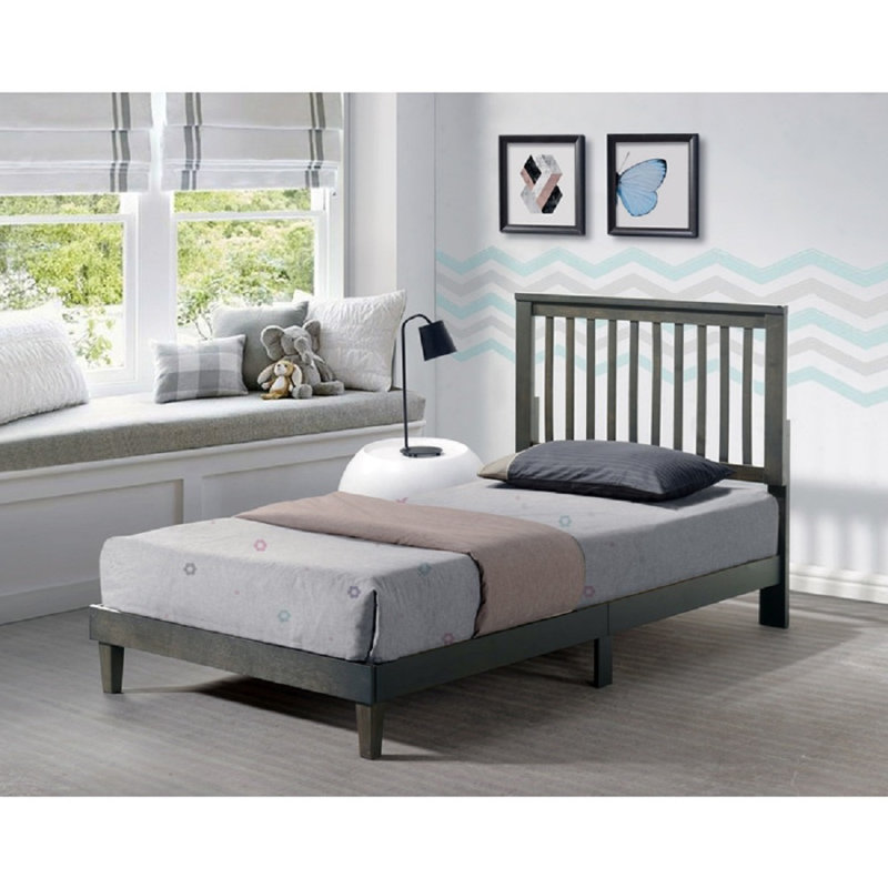 Lit plateforme moderne de style Mission en bois, cadre de lit avec finition grain de bois naturel, gris, Extra-long Twin