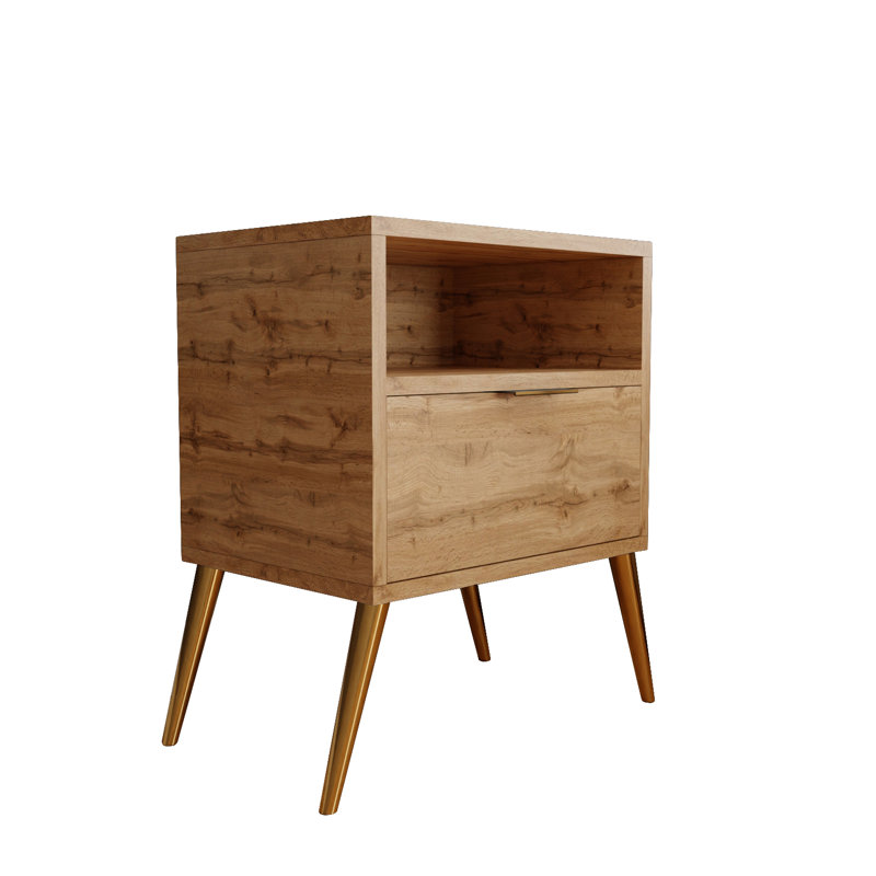 Centreville 40cm W Metal Bedside Table, Wotan Oak/Gold