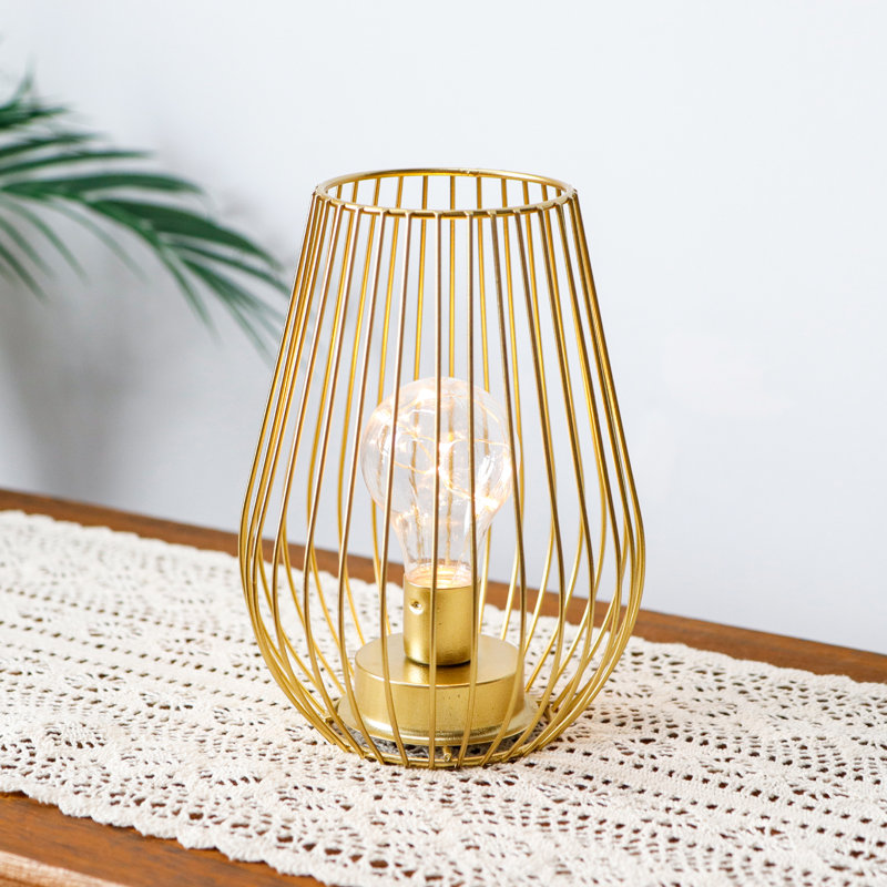 Metal Cordless Table Lamp Cage Shape Battery Operated Lamp with Warm Fairy Lights Bulb, Gold