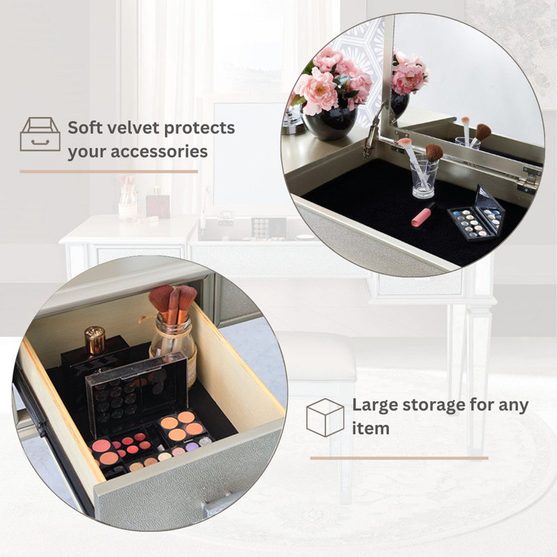 Mirrored Vanities Desk With Drawers, Bedroom Makeup Vanity Table Set With Mirror And Stool, Flip Up Dressing Table, White