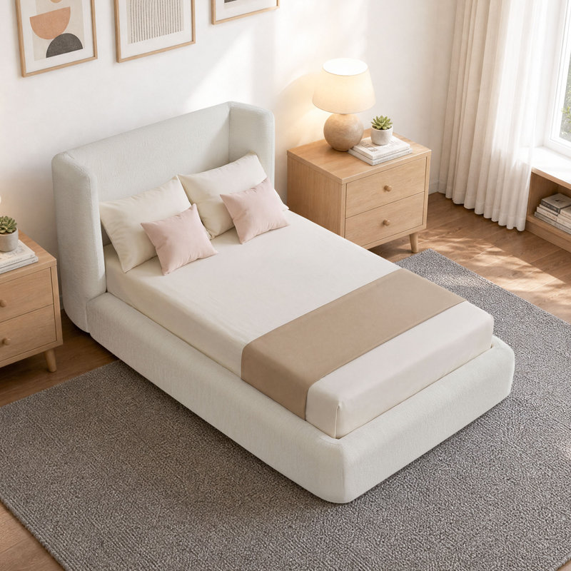 Cadre de lit double en chenille recouverte de tissu nuageux avec tête de lit enveloppante, sommier à compression, montage facile (sans sommier tapissier)
