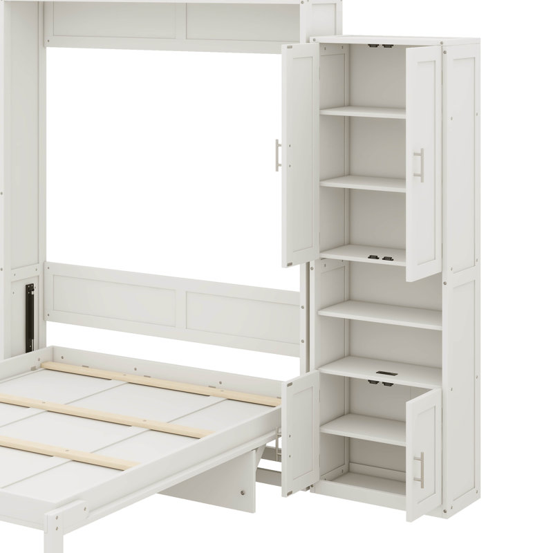 Grand lit escamotable avec armoire latérale polyvalente avec tablette de rangement et bureau
