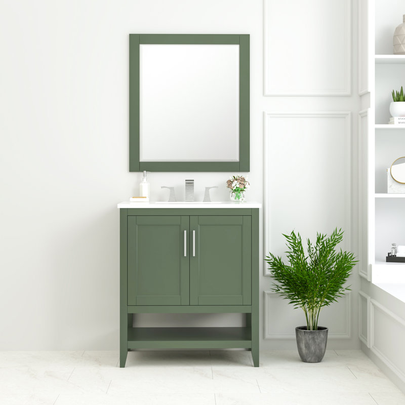 Bernharda 28 in. W x 32 in. H Modern & Contemporary Rectangular Framed Surface-Mount Bathroom Vanity Mirror in Forest Green