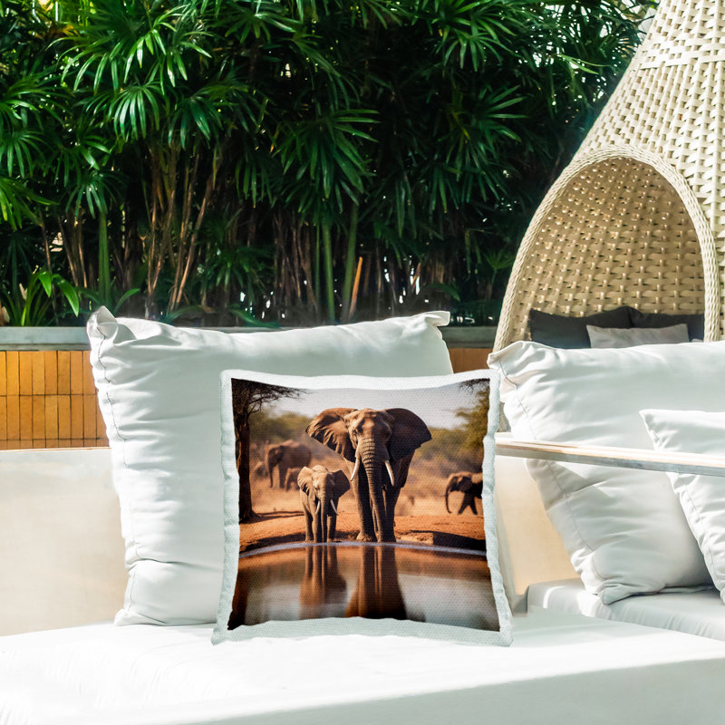 Coussin d'extérieur imprimé Elephant & Calf at Waterhole par Noah Bay