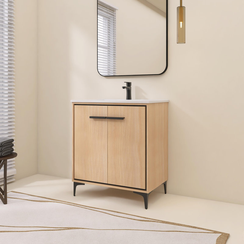 Meuble-lavabo autoportant de 30 po avec comptoir en résine blanche et 2 portes d'armoire à fermeture en douceur